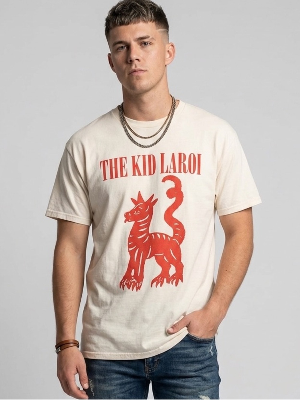 The Kid Laroi Cream and Red Graphic Tee